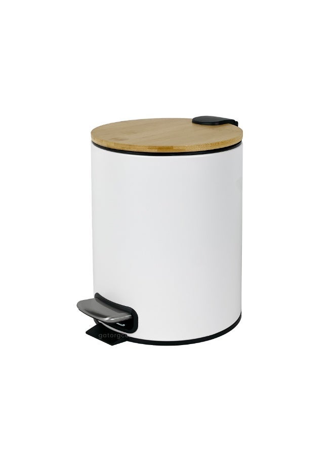 EK Bins Soft-Close Pedal Bin – Bamboo Top & Matte White Body with Metal Pedal-5L - Image 1